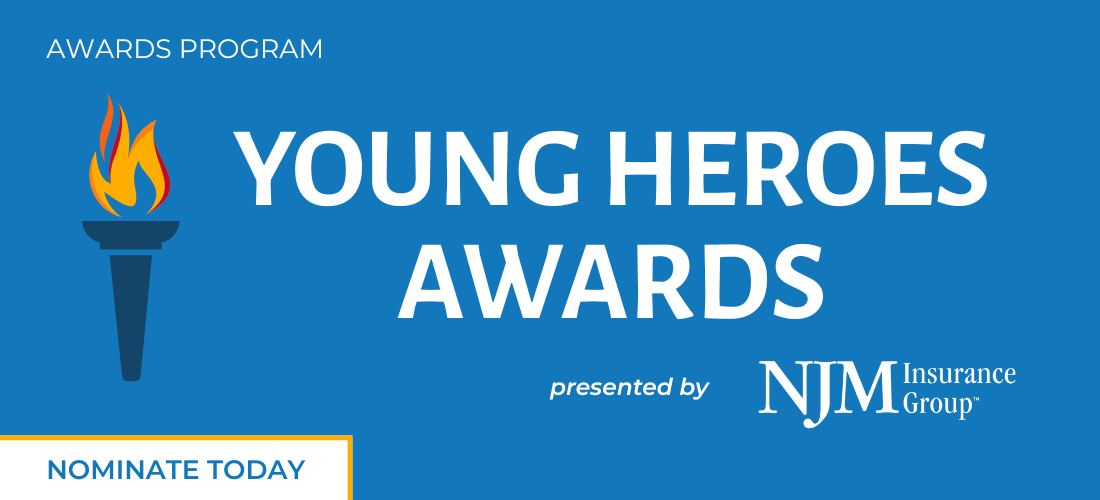 Promotional graphic for the National Liberty Museum’s Young Heroes Awards program, presented by NJM Insurance, displayed on a blue background with white text and a yellow and orange torch design, highlighting the power of young people carrying on a legacy of civic action.