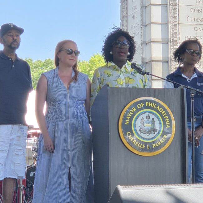 Dr. Alaine Arnott, CEO of the National Liberty Museum with Philadelphia Mayor Cheryl Parker and Parks Commissioner Sue Slawson at Philly Fair 250.