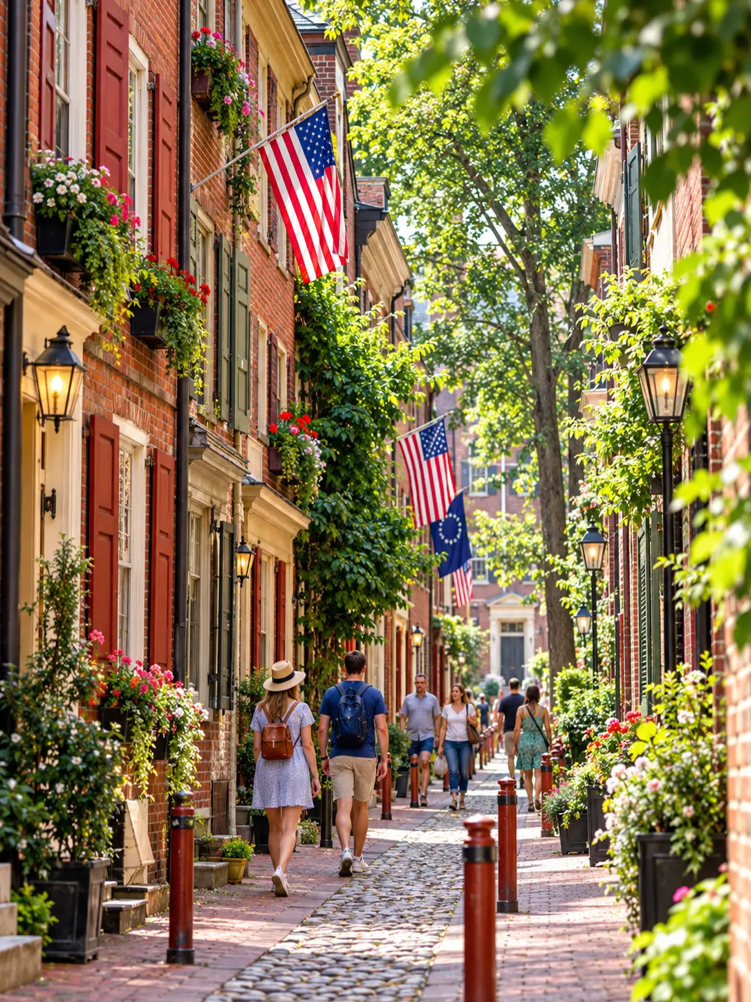 Colonial Lane Stroll with Flags and Flowers